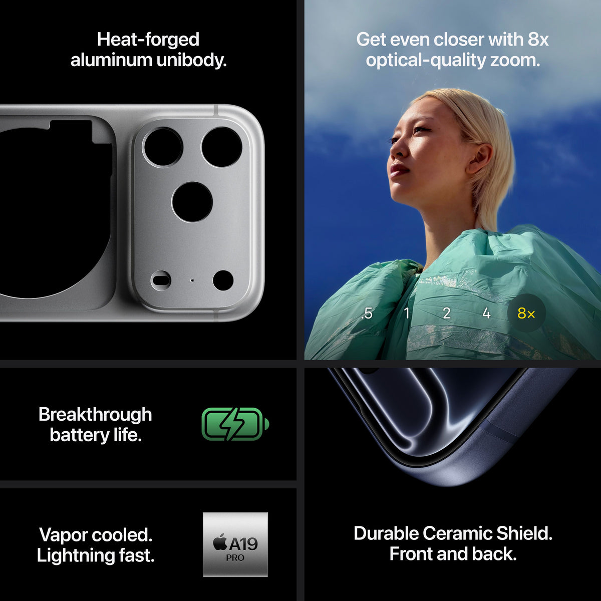 iPhone 17 Pro Max 2TB Silver specs heat-forged aluminum unibody, breakthrough battery life, vapor cooled, durable ceramic shield front and back