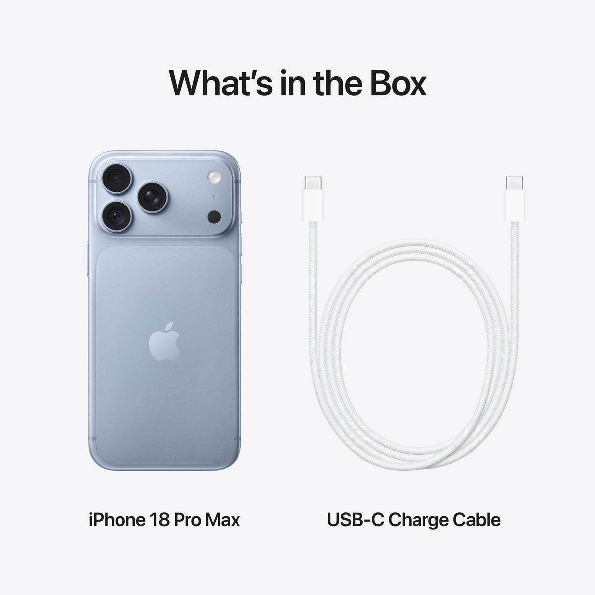 In-box content showing the cable and accessories for the iPhone 18 Pro Max 512GB Glacier at Tradeline.