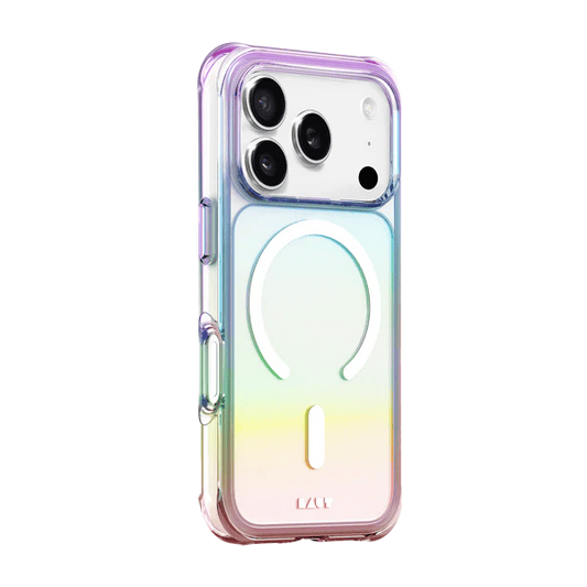Side back view detailing the responsive tactile button overlays of the Laut AERO HOLO iPhone 17 Pro Holo Pearl shell from Tradeline Egypt.