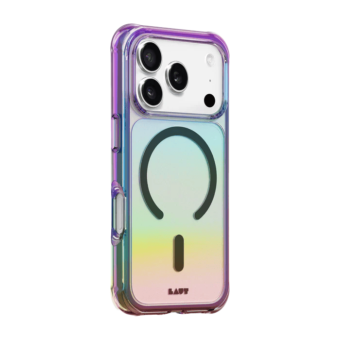 Side back perspective illustrating the reinforced impact-absorbing frame of the Laut AERO HOLO iPhone 17 Pro Max Holo Midnight case from Tradeline Egypt.
