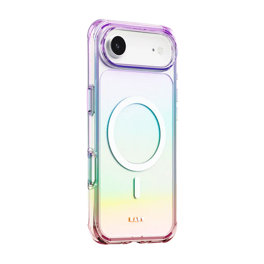 Side back view highlighting the iridescent holographic finish of the Laut AERO HOLO iPhone Air Holo Pearl cover at Tradeline Egypt.