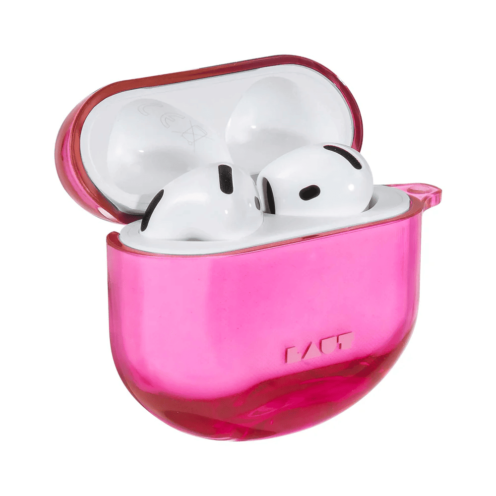 Open view showing the AirPods 4 charging box within the LAUT AERO PROTECT Bright Pink protective case from Tradeline Egypt.