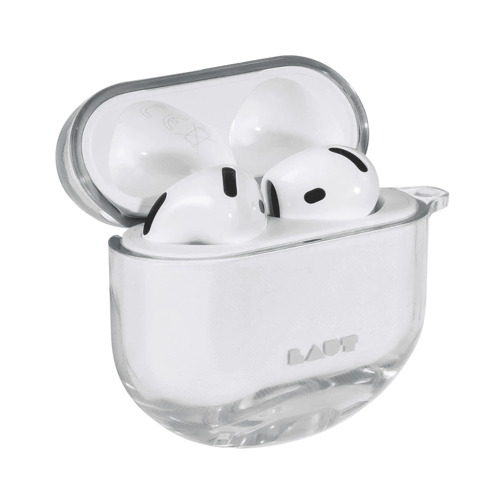 Open view displaying the clear design and precise fit of the LAUT AERO PROTECT AirPods 4 Crystal shell from Tradeline Egypt.