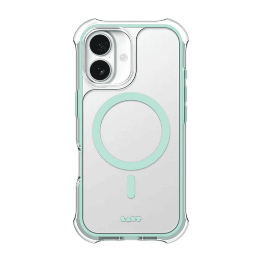 Rear view showcasing the clean, refreshing color variant of the Laut AERO PROTECT case for iPhone 17 in Aqua Mint from Tradeline.