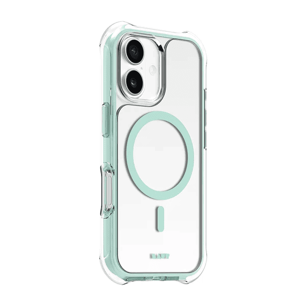 Side back perspective detailing the advanced corner drop-protection structure on the Laut AERO PROTECT iPhone 17 Aqua Mint casing at Tradeline Egypt.