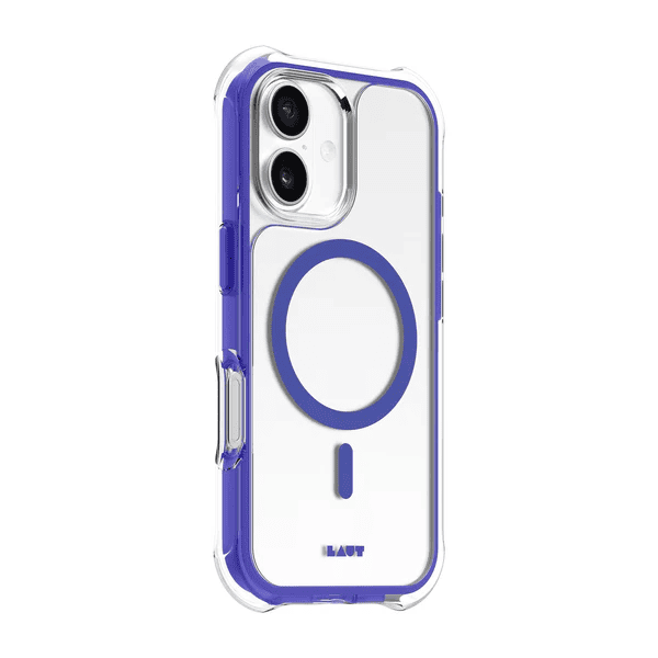Side back look illustrating the precise port cutouts and volume tabs on the Laut AERO PROTECT iPhone 17 Future Blue skin from Tradeline Egypt.