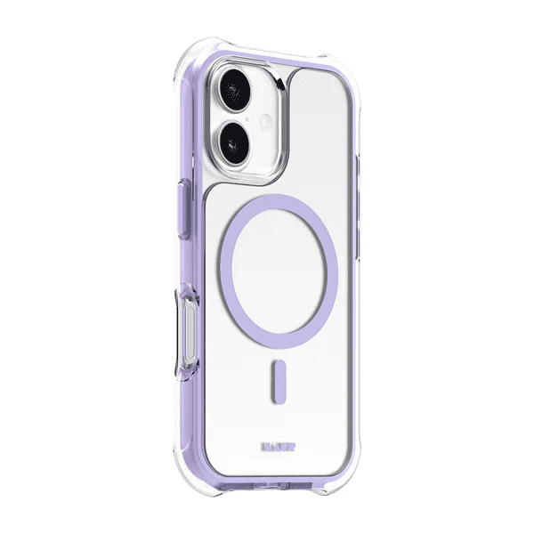 Side back view mapping out the protective dynamic bumper guards of the Laut AERO PROTECT iPhone 17 Light Purple cover from Tradeline Egypt.