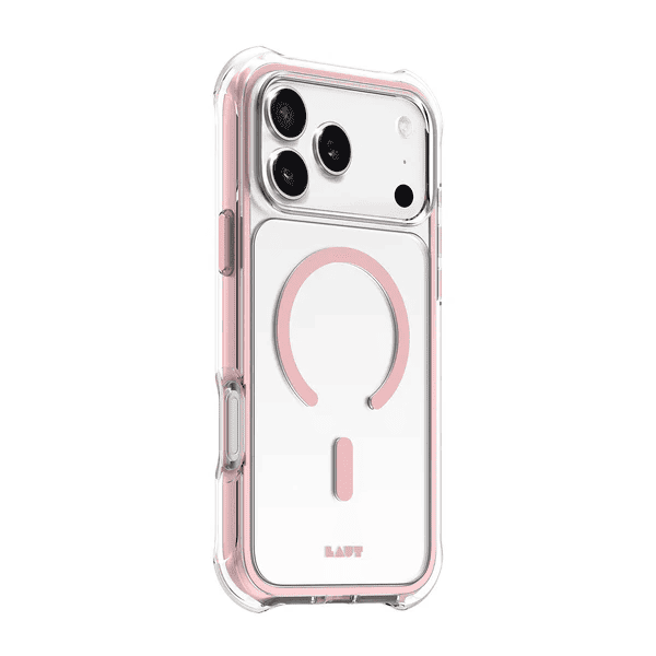 Side back perspective illustrating the reinforced impact-dispersing frame of the Laut AERO PROTECT iPhone 17 Pro Max Lace Pink shell from Tradeline Egypt.