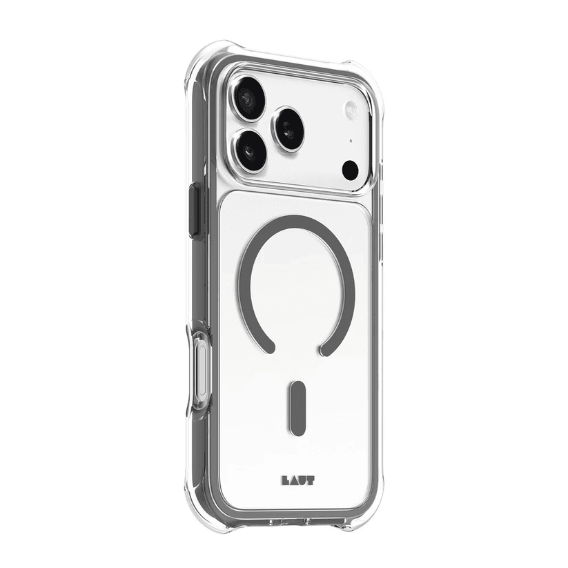 Side back profile showing the precise button overlays on the Laut AERO PROTECT iPhone 17 Pro Max Shadow Grey cover at Tradeline Egypt.
