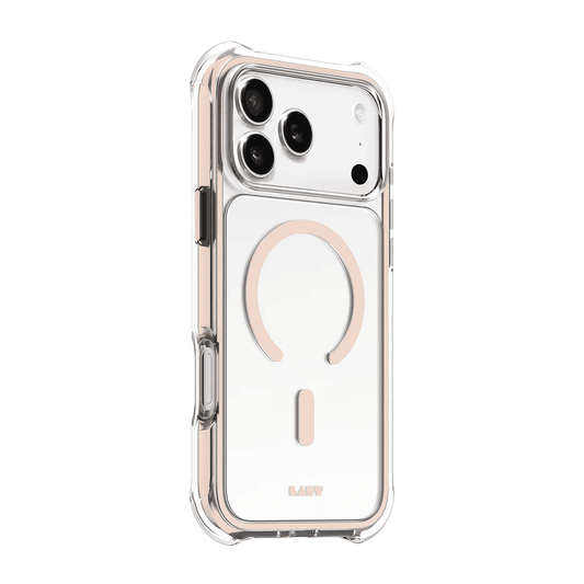 Side back perspective showcasing the sleek handgrip texture on the Laut AERO PROTECT iPhone 17 Pro Sadle Brown protector from Tradeline Egypt.