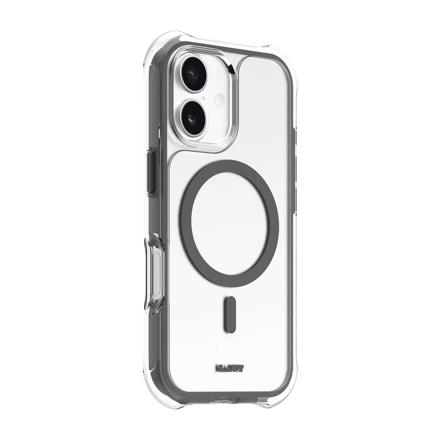 Side back layout detailing the responsive active buttons of the Laut AERO PROTECT iPhone 17 Shadow Grey smartphone cover from Tradeline Egypt.