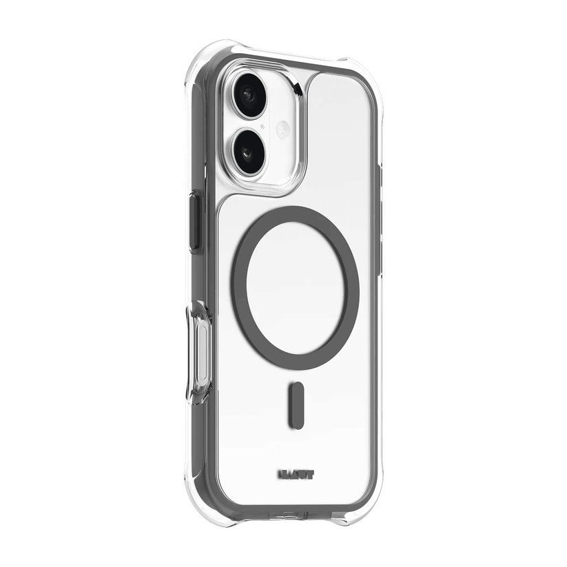 Side back layout detailing the responsive active buttons of the Laut AERO PROTECT iPhone 17 Shadow Grey smartphone cover from Tradeline Egypt.
