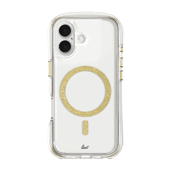 Rear view showcasing the premium golden glitter texture of the Laut AERO SPARKLE case for iPhone 16 in Crystal Gold from Tradeline.