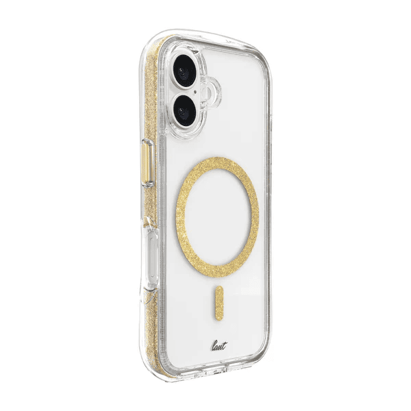 Side back profile view showing the precise charging port cutout on the Laut AERO SPARKLE iPhone 16 Crystal Gold protective case at Tradeline Egypt.
