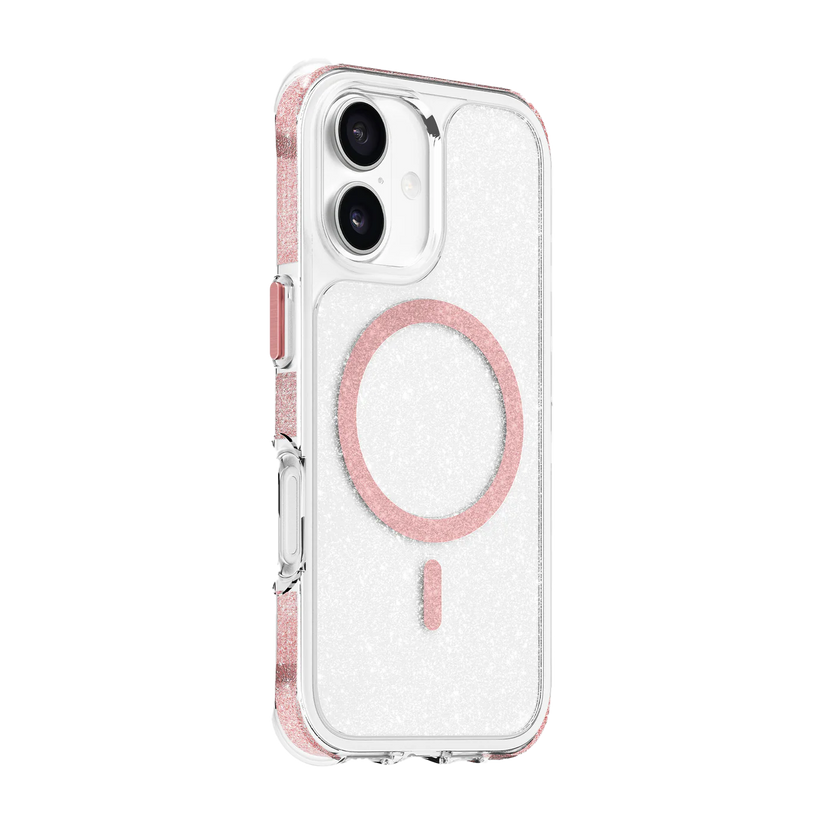 Side back perspective detailing the shock-dispersal corners of the Laut AERO SPARKLE iPhone 17 Crystal Pink durable casing at Tradeline Egypt.