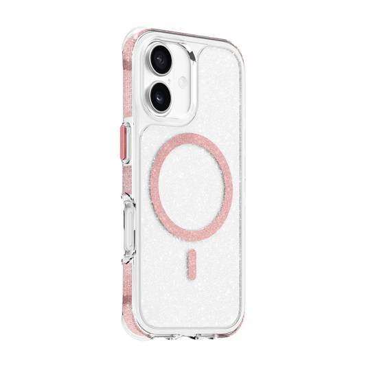 Side back perspective detailing the shock-dispersal corners of the Laut AERO SPARKLE iPhone 17 Crystal Pink durable casing at Tradeline Egypt.