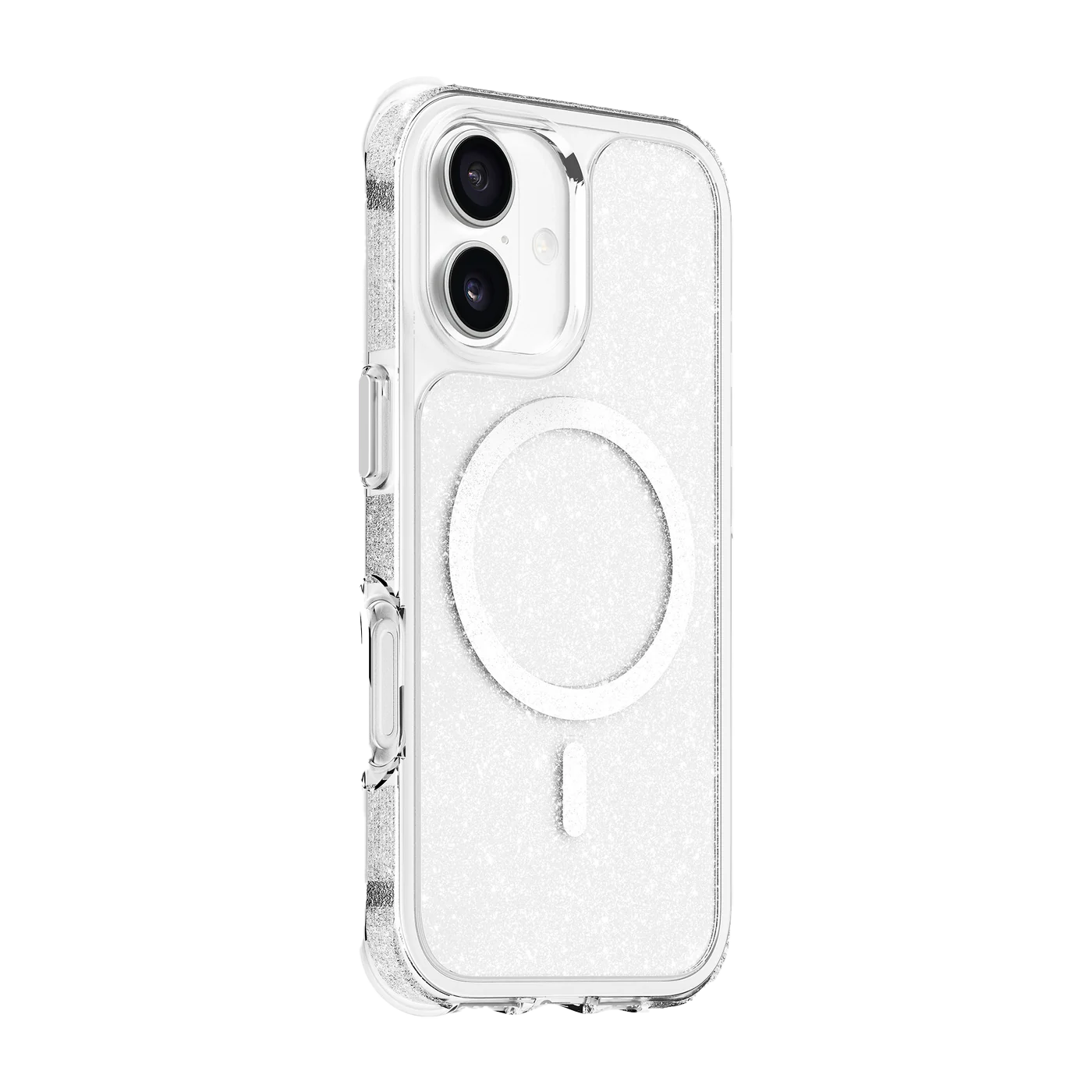 Side back profile view highlighting the metallic button covers of the Laut AERO SPARKLE iPhone 17 Crystal Silver glitter skin from Tradeline Egypt.