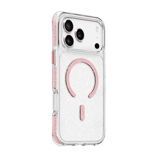 Side back perspective showing the form-fitting aesthetic of the Laut AERO SPARKLE iPhone 17 Pro Crystal Pink protective sleeve from Tradeline Egypt.