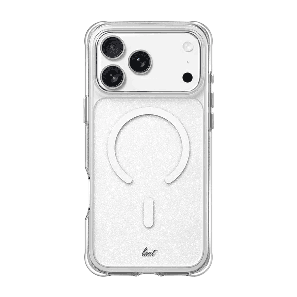Rear view of the crystal-clear Laut AERO SPARKLE protective case for iPhone 17 Pro with Crystal Silver glitter highlights from Tradeline.