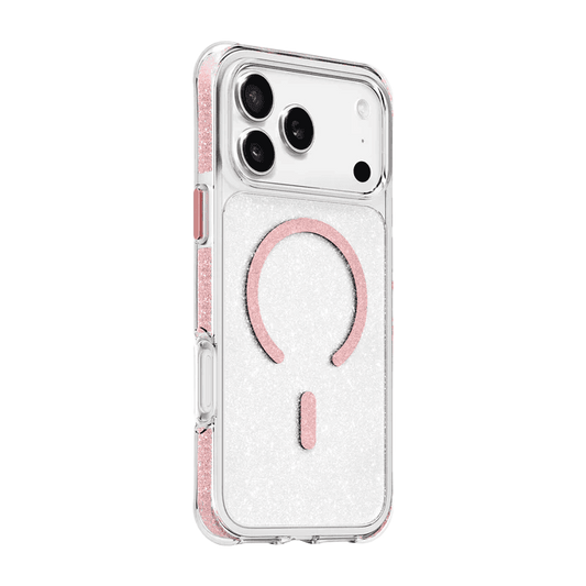 Side back profile demonstrating the drop-protective rim on the Laut AERO SPARKLE iPhone 17 Pro Max Crystal Pink shockproof cover from Tradeline Egypt.
