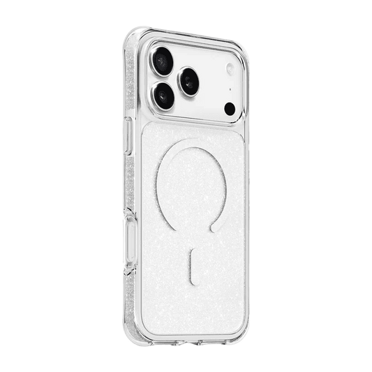 Side back view highlighting the protective bumper edges and glitter finish of the Laut AERO SPARKLE iPhone 17 Pro Max Crystal Silver case from Tradeline Egypt.
