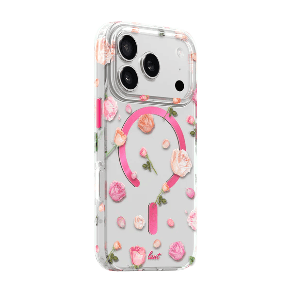 Side back perspective of the Laut BLOSSOM LUXE iPhone 17 Pro Pink Roses protective cover showcasing the shockproof frame from Tradeline Egypt.