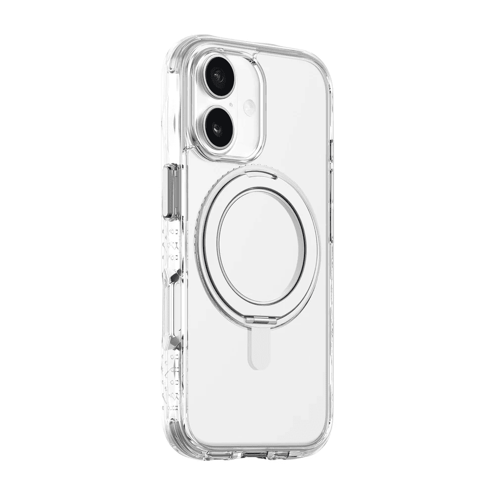 Side back perspective demonstrating the drop defense rim configuration of the Laut CARBON MATTER iPhone 17 Crystal case from Tradeline Egypt.