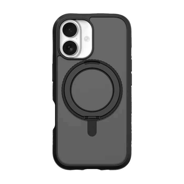 Diagrammatic back view showing the wireless charging compatibility of the Laut CARBON MATTER iPhone 17 Midnight case at Tradeline.