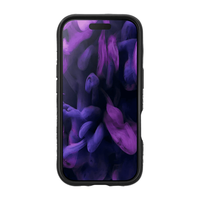front view displaying the tactical matte finish of the Laut CARBON MATTER protective case for iPhone 17 in Midnight at Tradeline.