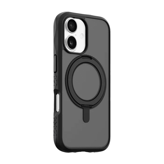 Side back perspective detailing the slim form-fitting profile of the Laut CARBON MATTER iPhone 17 Midnight phone skin from Tradeline Egypt.