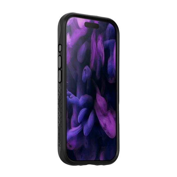 Side view highlighting the dense shock-dispersal perimeter layer of the Laut CARBON MATTER iPhone 17 Midnight protector from Tradeline.