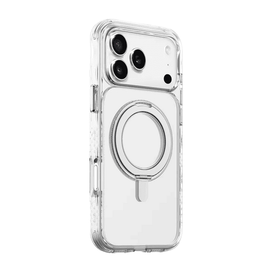 Side back perspective demonstrating the drop defense rim configuration of the Laut CARBON MATTER iPhone 17 Pro Crystal case from Tradeline Egypt.