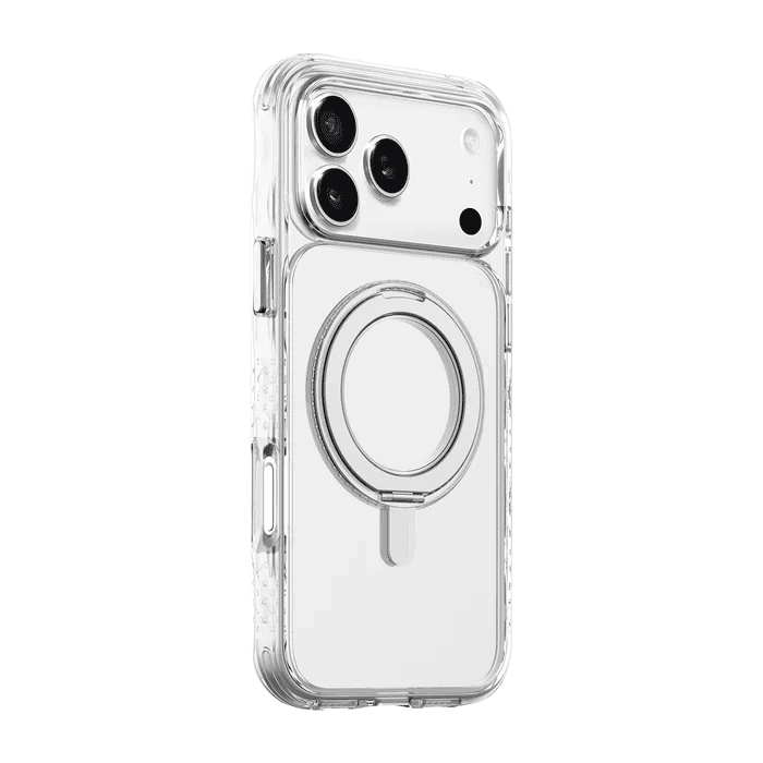 Side back view illustrating the transparent scratch-resistant structure of the Laut CARBON MATTER iPhone 17 Pro Max Crystal shell from Tradeline.