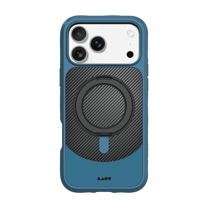 Rear view showcasing the distinct matte carbon plate on the Laut CARBON MATTER case for iPhone 17 Pro Max in Frozen Blue at Tradeline.