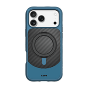 Rear view showcasing the distinct matte carbon plate on the Laut CARBON MATTER case for iPhone 17 Pro Max in Frozen Blue at Tradeline.