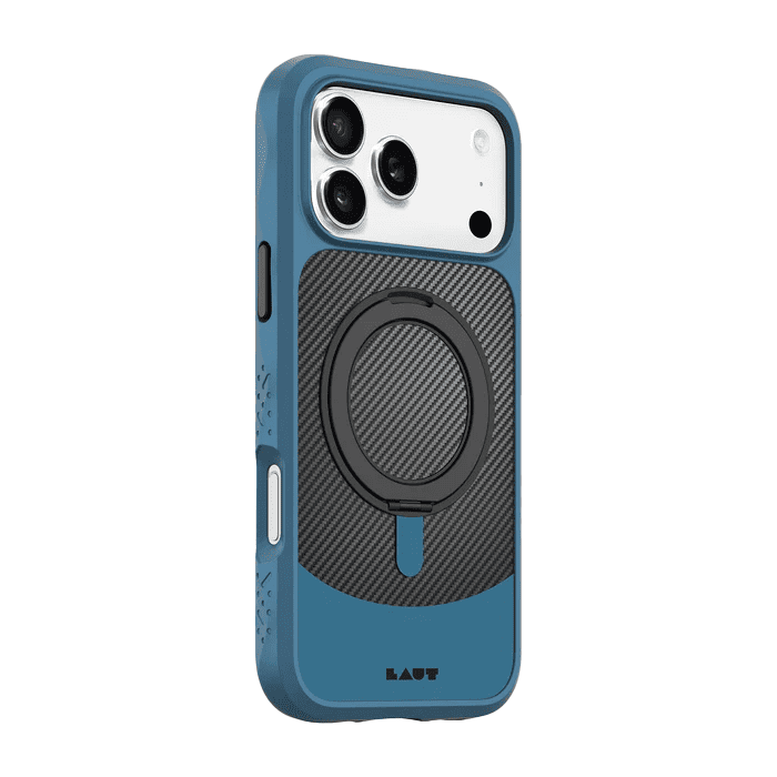 Side back profile showing the precise button overlays of the Laut CARBON MATTER iPhone 17 Pro Max Frozen Blue protective case from Tradeline.