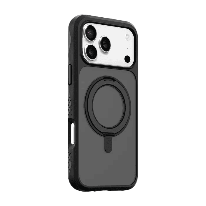 Side back perspective highlighting the heavy-duty frame corners of the Laut CARBON MATTER iPhone 17 Pro Max Midnight case from Tradeline Egypt.