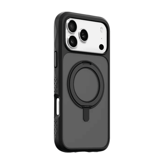 Side back perspective highlighting the heavy-duty frame corners of the Laut CARBON MATTER iPhone 17 Pro Max Midnight case from Tradeline Egypt.