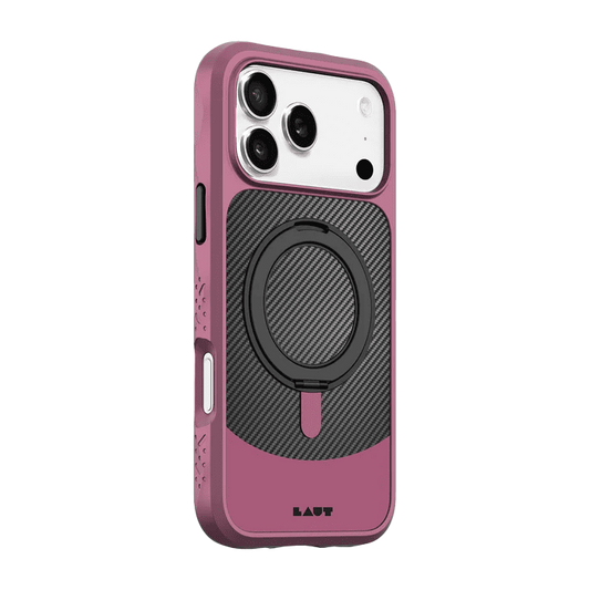 Side back view detailing the shock-absorbing bumper edges of the Laut CARBON MATTER iPhone 17 Pro Max Wine Red case from Tradeline Egypt.