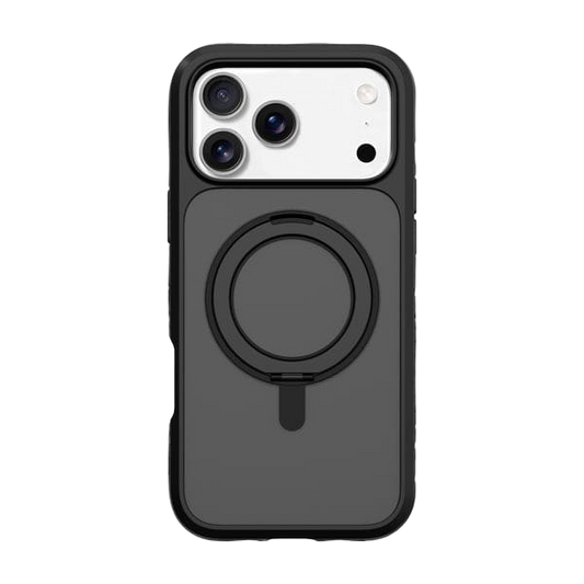 Rear view displaying the tactical matte finish of the Laut CARBON MATTER protective case for iPhone 17 Pro in Midnight at Tradeline.