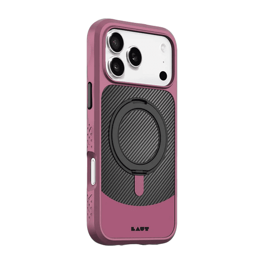 Side back view highlighting the protective raised camera lens frame of the Laut CARBON MATTER iPhone 17 Pro Wine Red cover from Tradeline Egypt.