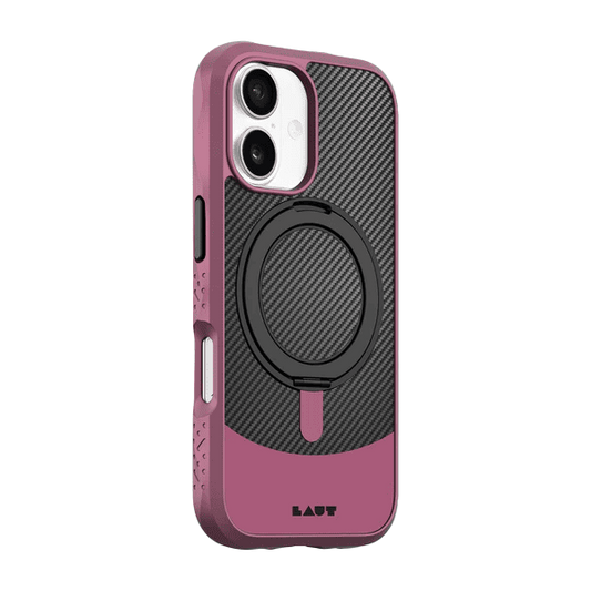 Side back view highlighting the protective raised camera lens frame of the Laut CARBON MATTER iPhone 17 Wine Red cover from Tradeline Egypt.