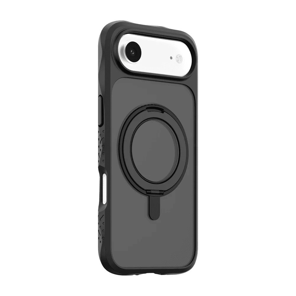 Side back perspective highlighting the impact-resistant bumper frame of the Laut CARBON MATTER iPhone Air Midnight case from Tradeline Egypt.