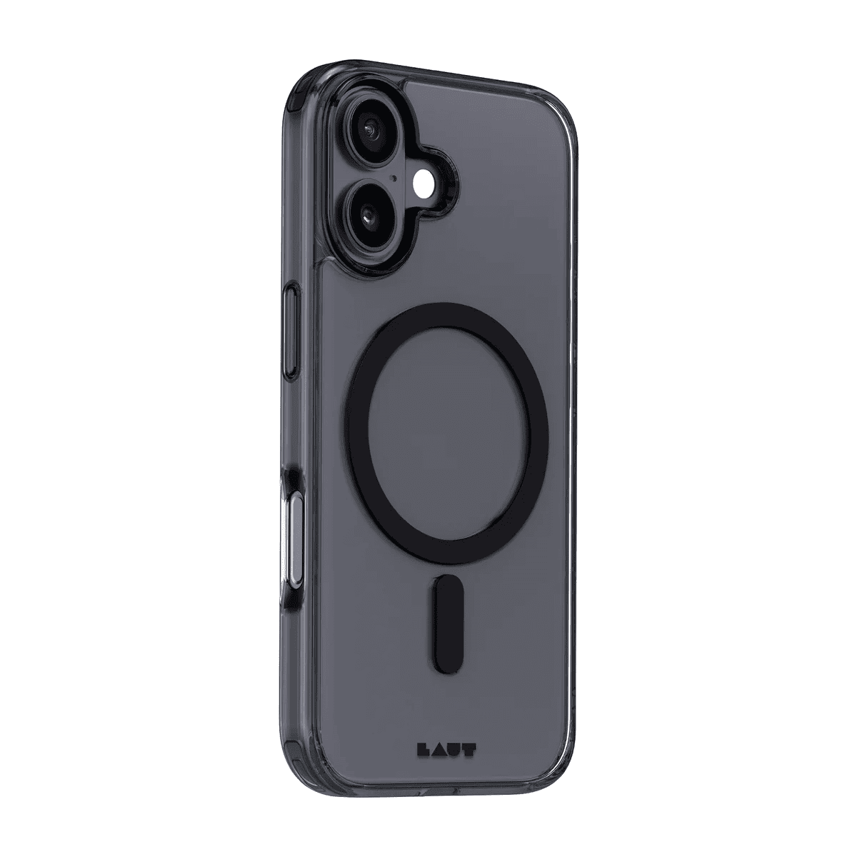 Side back profile view highlighting the secure grip boundaries of the Laut CRYSTAL FLURO iPhone 17 Clear Black protective case from Tradeline Egypt.