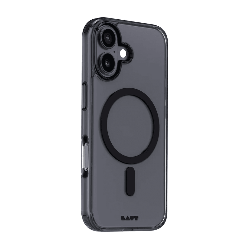 Side back profile view highlighting the secure grip boundaries of the Laut CRYSTAL FLURO iPhone 17 Clear Black protective case from Tradeline Egypt.