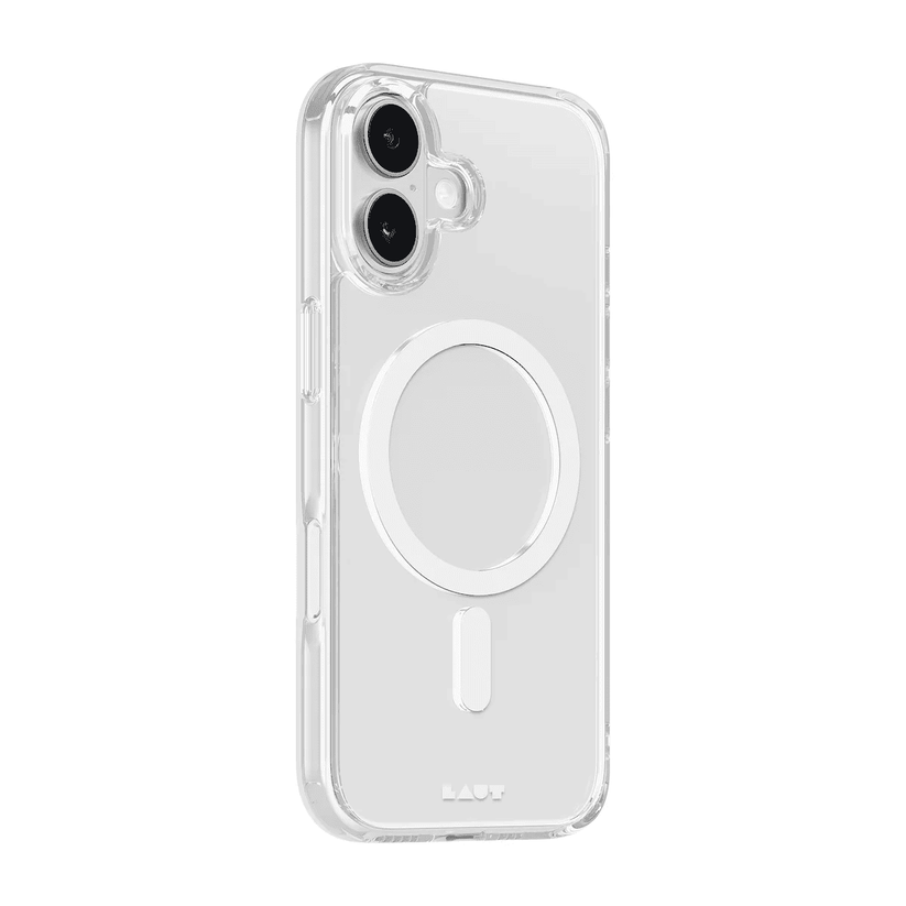 Side back perspective detailing the daily drop defense and thin profile of the Laut CRYSTAL FLURO iPhone 17 Clear case from Tradeline Egypt.