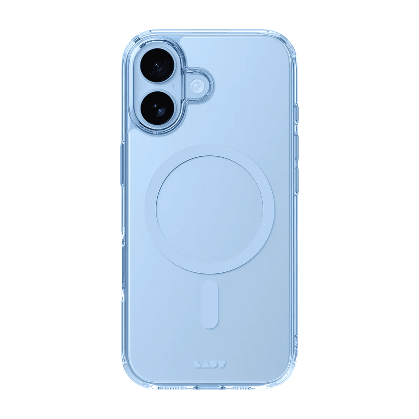 Side back view illustrating the precise port cutouts and volume tabs on the Laut CRYSTAL FLURO iPhone 17 Light Blue skin from Tradeline Egypt.