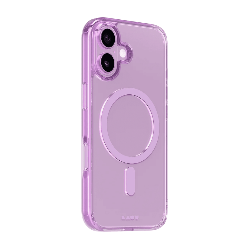 Side back view highlighting the translucent neon edges of the Laut CRYSTAL FLURO iPhone 17 Light Pink case from Tradeline Egypt.
