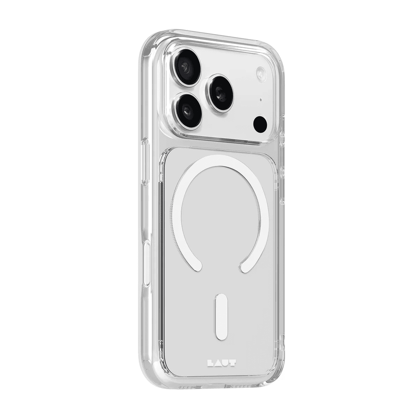 Side back profile view showcasing the reinforced structural matrix of the Laut CRYSTAL FLURO iPhone 17 Pro Clear Grey case from Tradeline Egypt.