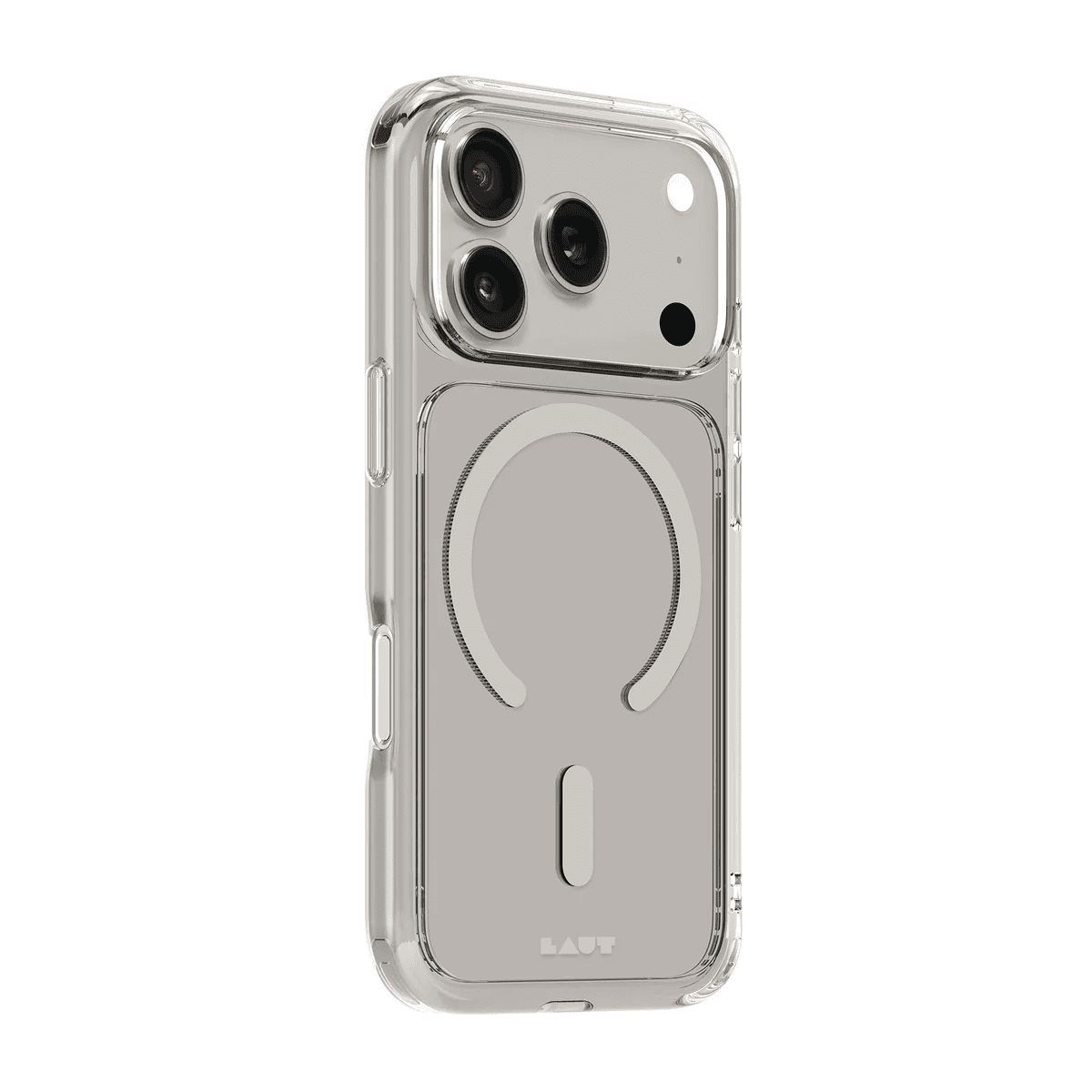 Side back view highlighting the responsive button overlays on the Laut CRYSTAL FLURO iPhone 17 Pro Clear Light Grey protective case from Tradeline Egypt.